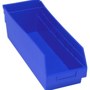 The Quantum Economy Shelf Bin is a blue polypropylene storage solution made in the USA, featuring a sloped front, open top, seven divider slots, a molded-in label holder, nesting capability, and a rear hanglock for secure shelf placement. Its rectangular shape includes a small handle for easy stacking.