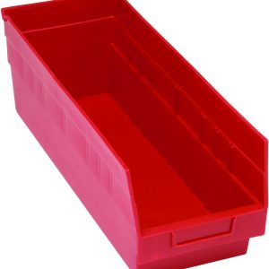 The Quantum Economy Shelf Bin is a red, rectangular, polypropylene storage solution with an open top and sloped front. It features 7 divider slots for organization and a molded-in label holder for easy sorting of small items.
