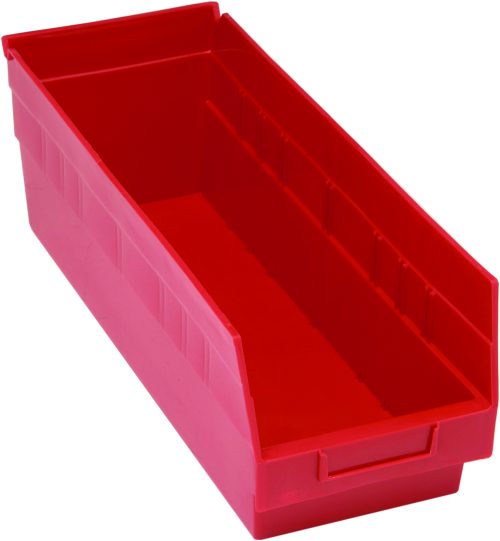 The Quantum Economy Shelf Bin is a red, rectangular, polypropylene storage solution with an open top and sloped front. It features 7 divider slots for organization and a molded-in label holder for easy sorting of small items.