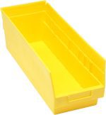 The Quantum Economy Shelf Bin, bright yellow and rectangular, measures 17-7/8W x 6-5/8D x 6H. It features a molded-in label holder, wide front handle for easy carrying, rear hanglock, ridged sides for support, and (7) divider slots for versatile storage. Made in USA from polypropylene.