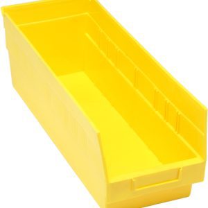 The Quantum Economy Shelf Bin, bright yellow and rectangular, measures 17-7/8W x 6-5/8D x 6H. It features a molded-in label holder, wide front handle for easy carrying, rear hanglock, ridged sides for support, and (7) divider slots for versatile storage. Made in USA from polypropylene.