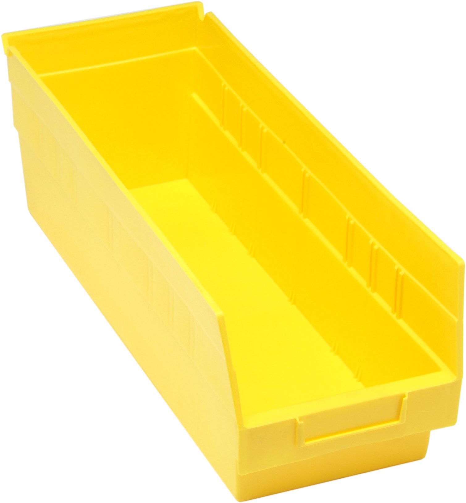 Economy Shelf Bin, Nesting, 17-7/8"W X 6-5/8"D X 6"H, (7) Divider Slots, Rear Hanglock, Molded-In Label Holder, Yellow Polyropylene, Made In USA