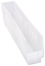 The Quantum Economy Shelf Bin, a clear polypropylene rectangle measuring 23-5/8W x 4-1/8D x 6H, features (7) divider slots, a rear hanglock, and a molded-in label holder. Made in the USA, it stands empty against a white background.