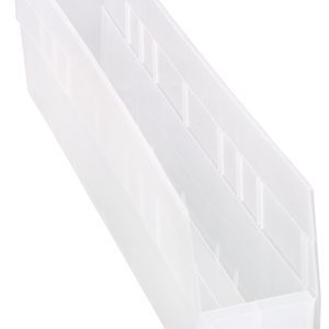 The Quantum Economy Shelf Bin, a clear polypropylene rectangle measuring 23-5/8W x 4-1/8D x 6H, features (7) divider slots, a rear hanglock, and a molded-in label holder. Made in the USA, it stands empty against a white background.