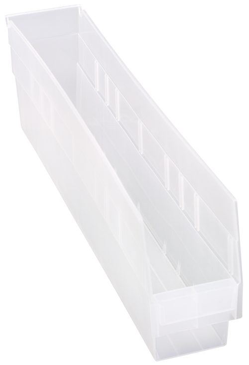 The Quantum Economy Shelf Bin, a clear polypropylene rectangle measuring 23-5/8W x 4-1/8D x 6H, features (7) divider slots, a rear hanglock, and a molded-in label holder. Made in the USA, it stands empty against a white background.