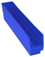 The Quantum Economy Shelf Bin in blue polypropylene measures 23-5/8W x 4-1/8D x 6H, includes a molded-in label holder and has an open front. It’s ideal for organizing tools or small parts, featuring nesting capabilities for space efficiency.