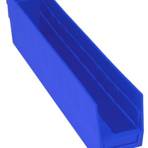 The Quantum Economy Shelf Bin in blue polypropylene measures 23-5/8W x 4-1/8D x 6H, includes a molded-in label holder and has an open front. It’s ideal for organizing tools or small parts, featuring nesting capabilities for space efficiency.