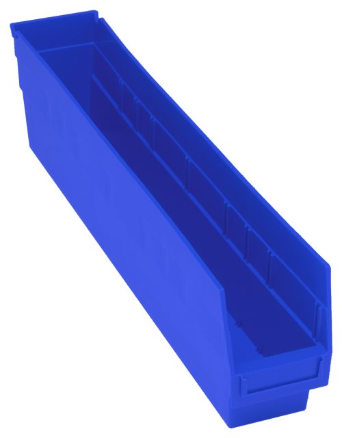 The Quantum Economy Shelf Bin in blue polypropylene measures 23-5/8W x 4-1/8D x 6H, includes a molded-in label holder and has an open front. It’s ideal for organizing tools or small parts, featuring nesting capabilities for space efficiency.