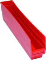 The Quantum Economy Shelf Bin is a red polypropylene storage bin measuring 23-5/8W x 4-1/8D x 6H. It features angled sides, nesting capability, (7) divider slots, a rear hanglock, and molded-in label holder for organization. Made in the USA.