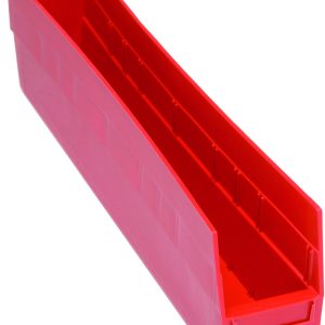 The Quantum Economy Shelf Bin is a red polypropylene storage bin measuring 23-5/8W x 4-1/8D x 6H. It features angled sides, nesting capability, (7) divider slots, a rear hanglock, and molded-in label holder for organization. Made in the USA.