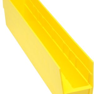 The Quantum Economy Shelf Bin, made from yellow polypropylene in the USA, measures 23-5/8W x 4-1/8D x 6H. It features a molded-in label holder and rear hanglock, has seven divider slots, and its nesting design makes it perfect for organizing and saving space.