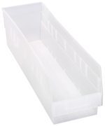 The Quantum Economy Shelf Bin, 23-5/8W x 6-5/8D x 6H, is a clear polypropylene storage solution with seven divider slots and a molded-in label holder. It features a rear hanglock and a slightly angled design for easy access. Made in the USA, it is perfect for organizing various items efficiently.