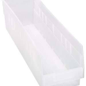 The Quantum Economy Shelf Bin, 23-5/8W x 6-5/8D x 6H, is a clear polypropylene storage solution with seven divider slots and a molded-in label holder. It features a rear hanglock and a slightly angled design for easy access. Made in the USA, it is perfect for organizing various items efficiently.