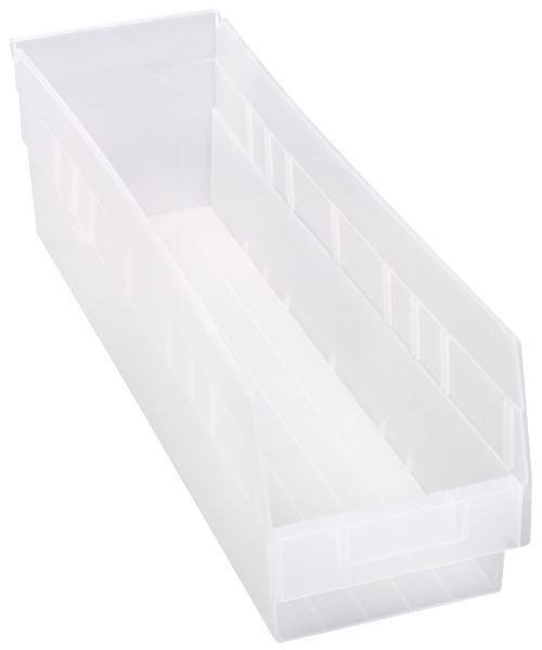 QSB206 cl The Quantum Economy Shelf Bin, 23-5/8W x 6-5/8D x 6H, is a clear polypropylene storage solution with seven divider slots and a molded-in label holder. It features a rear hanglock and a slightly angled design for easy access. Made in the USA, it is perfect for organizing various items efficiently.