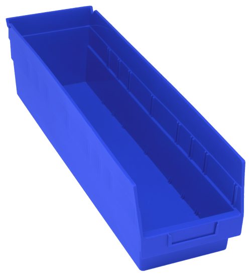 The Quantum Economy Shelf Bin is a blue, rectangular polypropylene storage bin, measuring 23-5/8W x 6-5/8D x 6H. It features raised sides, a lower front for easy access, a molded-in label holder, and (7) divider slots for organization. Made in the USA with a rear hanglock design.