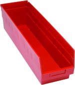 The Quantum Economy Shelf Bin is a red polypropylene storage bin, 23-5/8W x 6-5/8D x 6H, featuring (7) divider slots, a rear hanglock for stability, and a molded-in label holder. Made in the USA with nesting capability for organized storage.