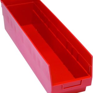 The Quantum Economy Shelf Bin is a red polypropylene storage bin, 23-5/8W x 6-5/8D x 6H, featuring (7) divider slots, a rear hanglock for stability, and a molded-in label holder. Made in the USA with nesting capability for organized storage.