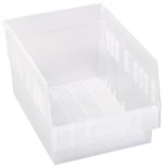 The Quantum Economy Shelf Bin is a clear polypropylene storage option measuring 11-5/8W x 8-3/8D x 6H. It features nesting capabilities, seven divider slots, a molded-in label holder, and an open front for easy organization. Made in the USA, it is perfect for keeping any space tidy.
