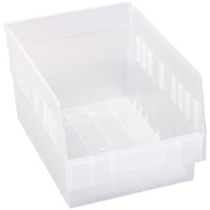 The Quantum Economy Shelf Bin is a clear polypropylene storage option measuring 11-5/8W x 8-3/8D x 6H. It features nesting capabilities, seven divider slots, a molded-in label holder, and an open front for easy organization. Made in the USA, it is perfect for keeping any space tidy.