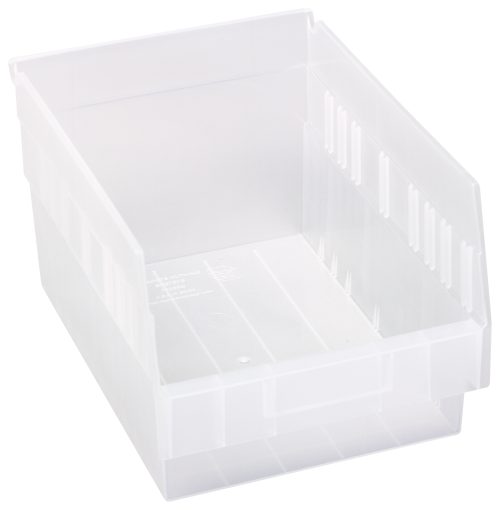 The Quantum Economy Shelf Bin is a clear polypropylene storage option measuring 11-5/8W x 8-3/8D x 6H. It features nesting capabilities, seven divider slots, a molded-in label holder, and an open front for easy organization. Made in the USA, it is perfect for keeping any space tidy.