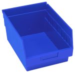 The blue Quantum Economy Shelf Bin, crafted from polypropylene in the USA, measures 11-5/8W x 8-3/8D x 6H. It features grooved side edges, a slanted front, and a molded-in label holder for easy organization. Its designed with seven divider slots and rear hanglock for efficient storage solutions.