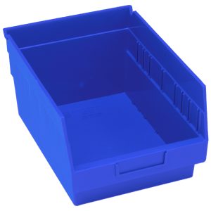 The blue Quantum Economy Shelf Bin, crafted from polypropylene in the USA, measures 11-5/8W x 8-3/8D x 6H. It features grooved side edges, a slanted front, and a molded-in label holder for easy organization. Its designed with seven divider slots and rear hanglock for efficient storage solutions.