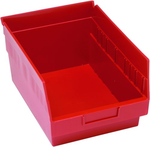 The Quantum Economy Shelf Bin, made in the USA from red polypropylene, is 11-5/8W x 8-3/8D x 6H. It features a sloped front, ridged sides, rear hanglock for secure placement, open top for easy access, and can nest. Seven divider slots and a molded-in label holder enhance its organizational capability.
