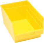 The Quantum Economy Shelf Bin, in yellow polypropylene, measures 11-5/8W x 8-3/8D x 6H. It features an open top, slanted front, flat base, reinforced sides, and a rear hanglock for secure stacking. It also includes seven divider slots and a molded-in label holder for organization. Made in the USA.