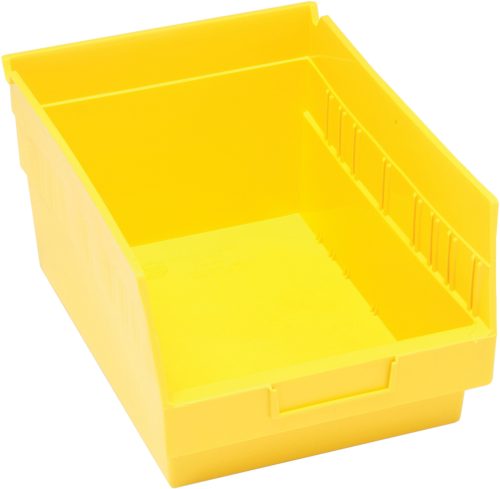 QSB207_YL.jpg The Quantum Economy Shelf Bin, in yellow polypropylene, measures 11-5/8W x 8-3/8D x 6H. It features an open top, slanted front, flat base, reinforced sides, and a rear hanglock for secure stacking. It also includes seven divider slots and a molded-in label holder for organization. Made in the USA.