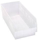 The Quantum Economy Shelf Bin is a clear polypropylene, rectangular container measuring 17-7/8 W x 8-3/8 D x 6 H with slightly tapered sides. It features a molded-in label holder, rear hanglock, and provides seven divider slots for organization; designed to nest for efficient storage. Made in the USA.
