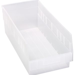 The Quantum Economy Shelf Bin is a clear polypropylene, rectangular container measuring 17-7/8 W x 8-3/8 D x 6 H with slightly tapered sides. It features a molded-in label holder, rear hanglock, and provides seven divider slots for organization; designed to nest for efficient storage. Made in the USA.