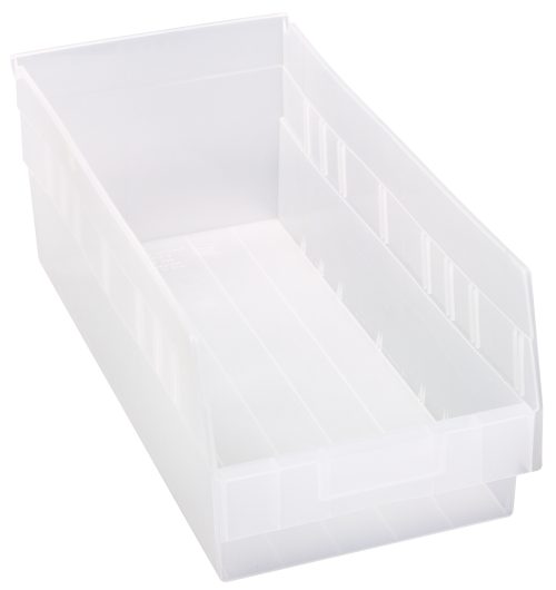 The Quantum Economy Shelf Bin is a clear polypropylene, rectangular container measuring 17-7/8 W x 8-3/8 D x 6 H with slightly tapered sides. It features a molded-in label holder, rear hanglock, and provides seven divider slots for organization; designed to nest for efficient storage. Made in the USA.
