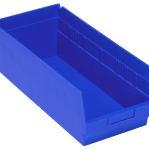 The Quantum Economy Shelf Bin is a blue, rectangular polypropylene storage bin with an open top and high sides. It includes 7 divider slots, a molded-in label holder, and rear hanglock for organization. Made in the USA, its 17-7/8W x 8-3/8D x 6H.