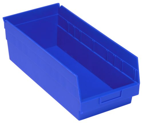 The Quantum Economy Shelf Bin is a blue, rectangular polypropylene storage bin with an open top and high sides. It includes 7 divider slots, a molded-in label holder, and rear hanglock for organization. Made in the USA, its 17-7/8W x 8-3/8D x 6H.
