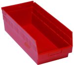 The Quantum Economy Shelf Bin is a red polypropylene storage solution with an open front, high sides, and rear hanglock for secure placement. It measures 17-7/8W X 8-3/8D X 6H, features seven divider slots, and includes a molded-in label holder. These bins nest easily when not in use. Made in the USA.