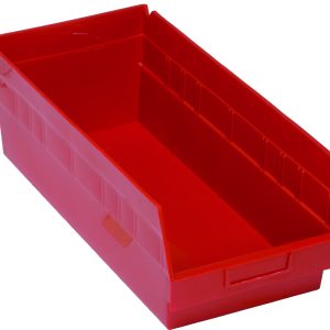 The Quantum Economy Shelf Bin is a red polypropylene storage solution with an open front, high sides, and rear hanglock for secure placement. It measures 17-7/8W X 8-3/8D X 6H, features seven divider slots, and includes a molded-in label holder. These bins nest easily when not in use. Made in the USA.