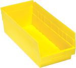 The Quantum Economy Shelf Bin is a bright yellow, rectangular plastic container featuring a front edge for easy access, molded-in label holder, built-in handle, rear hang lock, and nesting capability. Measuring 17-7/8W x 8-3/8D x 6H, it offers practical organization with seven divider slots. Made in the USA.