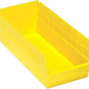 The Quantum Economy Shelf Bin is a bright yellow, rectangular plastic container featuring a front edge for easy access, molded-in label holder, built-in handle, rear hang lock, and nesting capability. Measuring 17-7/8W x 8-3/8D x 6H, it offers practical organization with seven divider slots. Made in the USA.