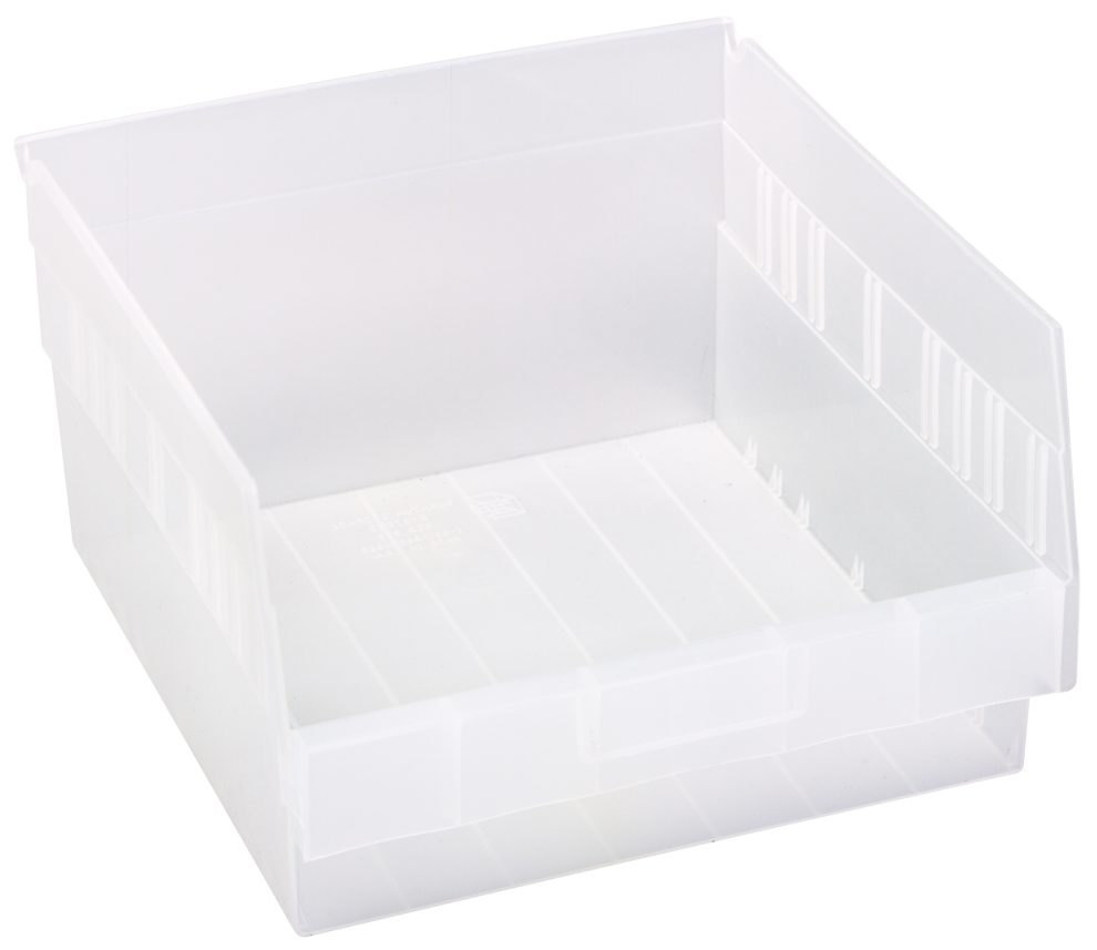 Clear plastic shelf bin with sloped open hopper front and molded label holder