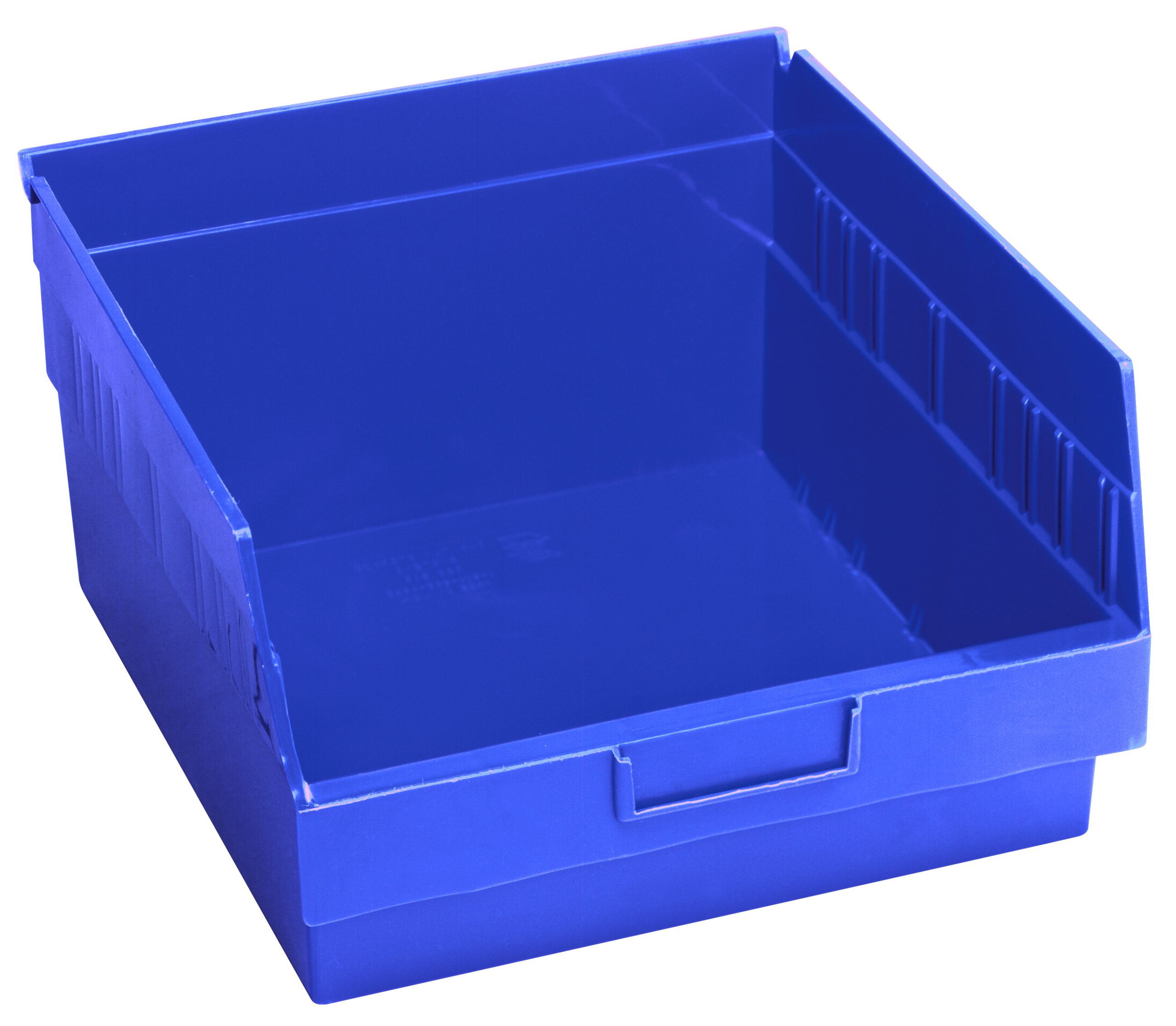 Economy Shelf Bin, Nesting, 11-5/8"W X 11-1/8"D X 6"H, (7) Divider Slots, Rear Hanglock, Molded-In Label Holder, Blue Polyropylene, Made In USA