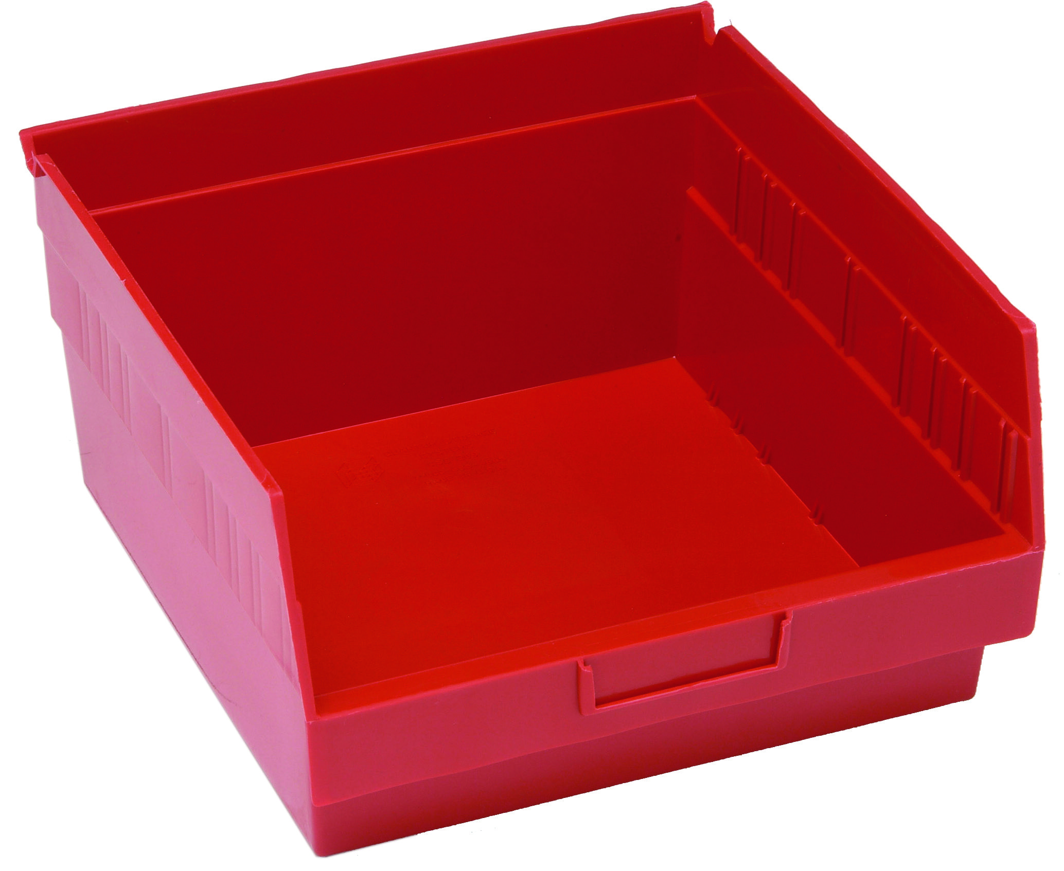 Economy Shelf Bin, Nesting, 11-5/8"W X 11-1/8"D X 6"H, (7) Divider Slots, Rear Hanglock, Molded-In Label Holder, Red Polyropylene, Made In USA