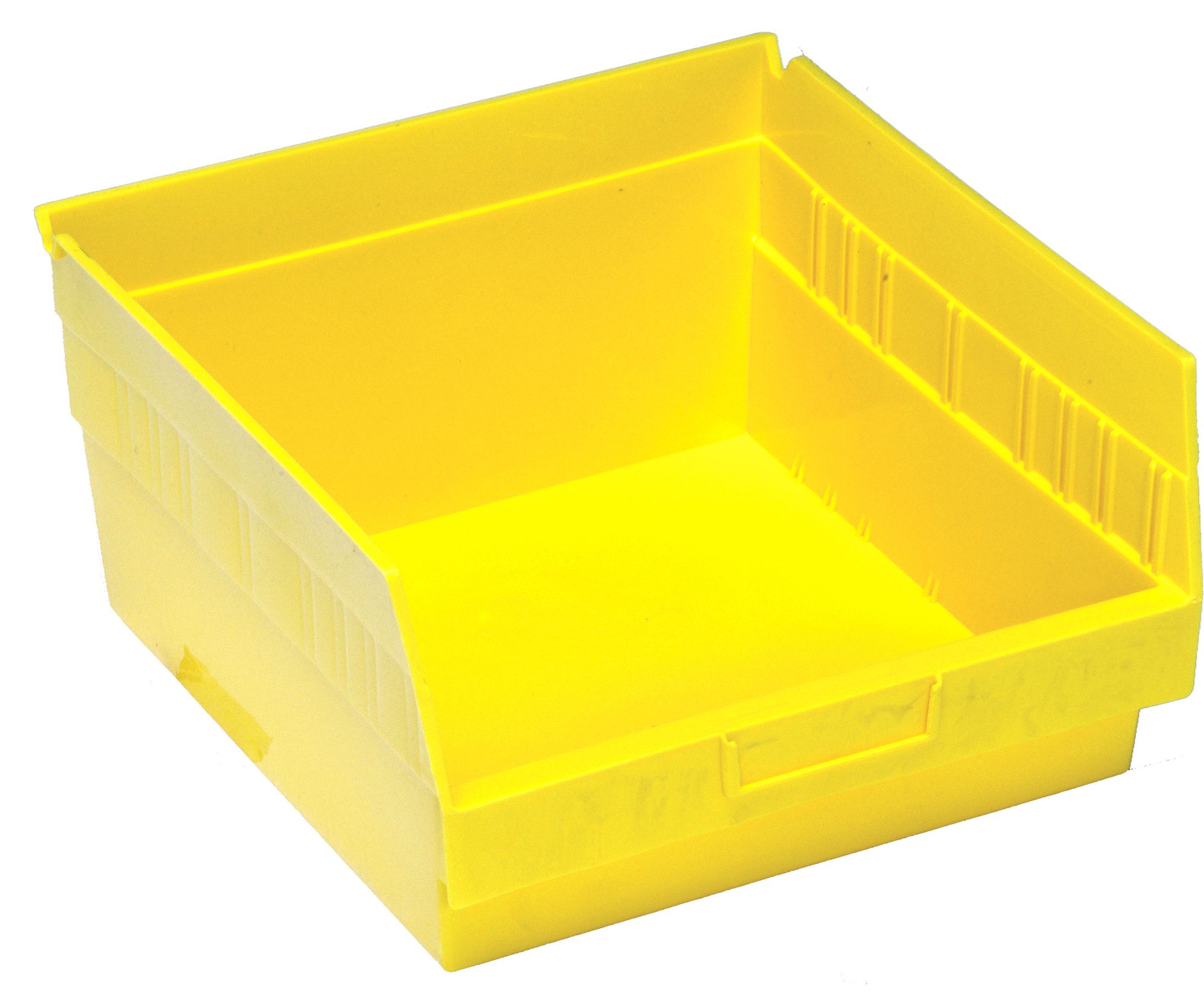 Economy Shelf Bin, Nesting, 11-5/8"W X 11-1/8"D X 6"H, (7) Divider Slots, Rear Hanglock, Molded-In Label Holder, Yellow Polyropylene, Made In USA