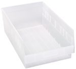 The Quantum Economy Shelf Bin is a clear polypropylene storage solution, ideal for organization with its 17-7/8W x 11-1/8D x 6H dimensions. Featuring seven divider slots, a rear hanglock, and molded-in label holder, this USA-made bin optimizes space while showcasing contents efficiently.