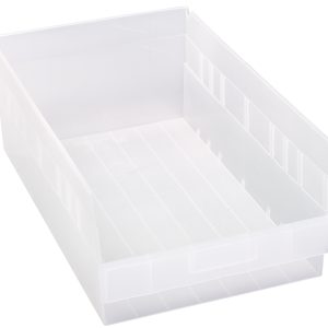 The Quantum Economy Shelf Bin is a clear polypropylene storage solution, ideal for organization with its 17-7/8W x 11-1/8D x 6H dimensions. Featuring seven divider slots, a rear hanglock, and molded-in label holder, this USA-made bin optimizes space while showcasing contents efficiently.