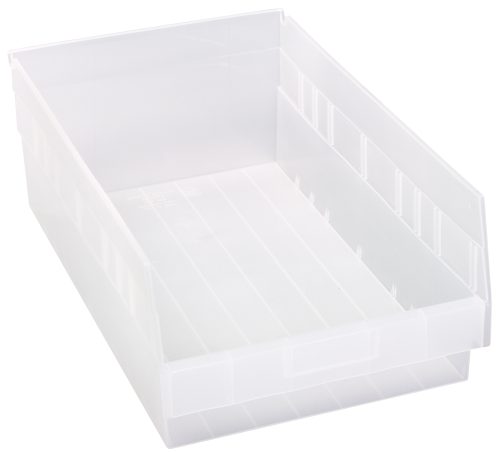 The Quantum Economy Shelf Bin is a clear polypropylene storage solution, ideal for organization with its 17-7/8W x 11-1/8D x 6H dimensions. Featuring seven divider slots, a rear hanglock, and molded-in label holder, this USA-made bin optimizes space while showcasing contents efficiently.