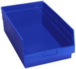 The Quantum Economy Shelf Bin is a large, rectangular blue polypropylene storage bin made in the USA, featuring a molded-in label holder, embossed front handle, 7 divider slots, rear hanglock, and easy access due to its slightly lowered front edge. Dimensions: 17-7/8W x 11-1/8D x 6H.