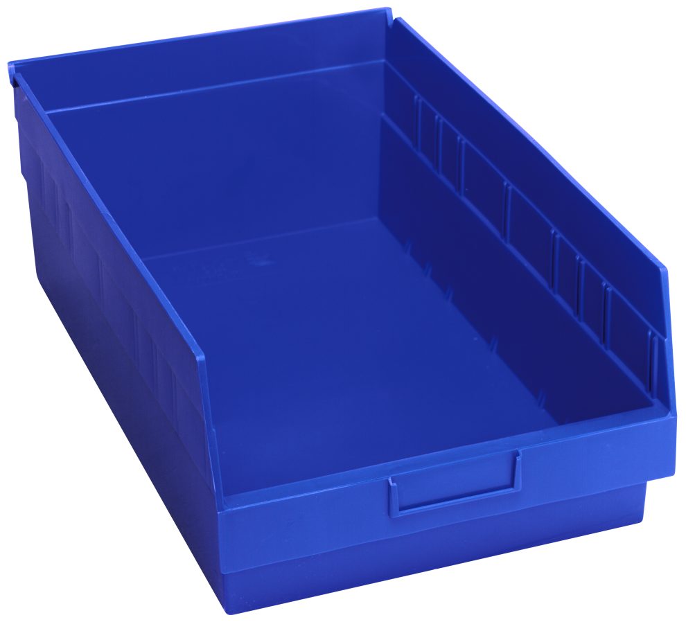 Blue Quantum economy shelf bin, 17-7/8 inches wide with sloped open front