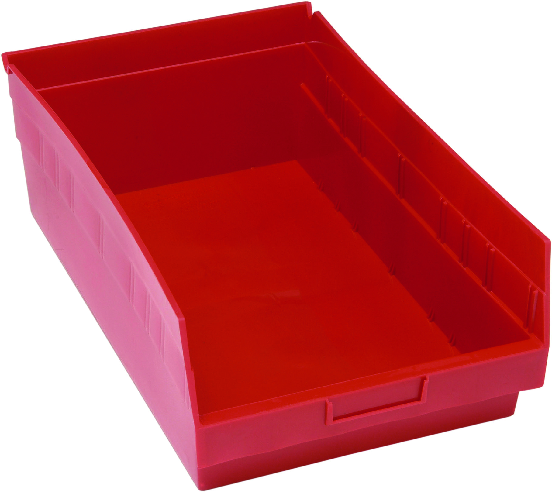 Economy Shelf Bin, Nesting, 17-7/8"W X 11-1/8"D X 6"H, (7) Divider Slots, Rear Hanglock, Molded-In Label Holder, Red Polyropylene, Made In USA