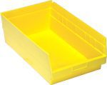 The Quantum Economy Shelf Bin, made of yellow polypropylene with dimensions 17-7/8W x 11-1/8D x 6H, features molded-in label holders, slightly slanted sides, a flat bottom, front opening, seven divider slots, and a rear hanglock. Made in the USA.