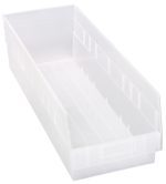 The Quantum Economy Shelf Bin is a translucent rectangular storage solution featuring (7) divider slots for versatile organization, a molded-in label holder, and reinforced sides. Measuring 23-5/8W x 8-3/8D x 6H, this clear polypropylene bin is perfect for neat item storage. Made in the USA.